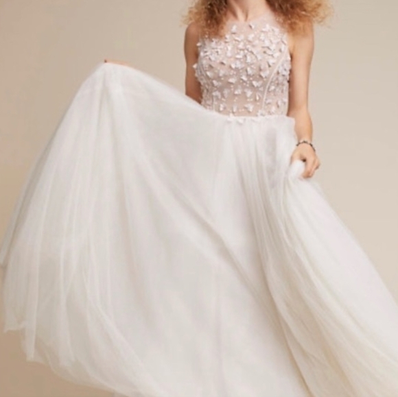 BHLDN White Sheer Butterfly Lace Bodice Wedding Dress Size 10 - Picture 4 of 12